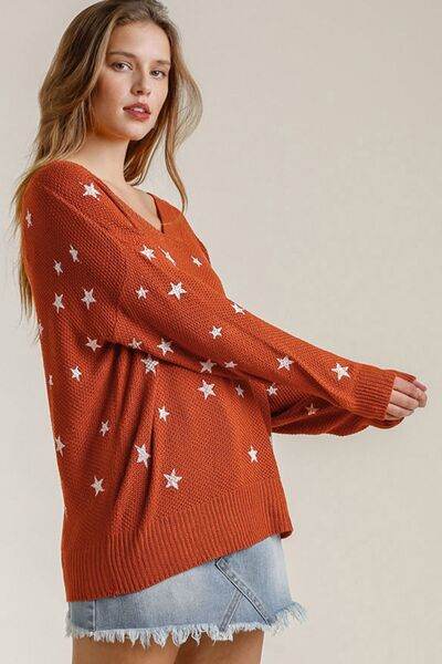 Umgee Star V-Neck Long Sleeve Sweater Plus Size - us.meeeshop