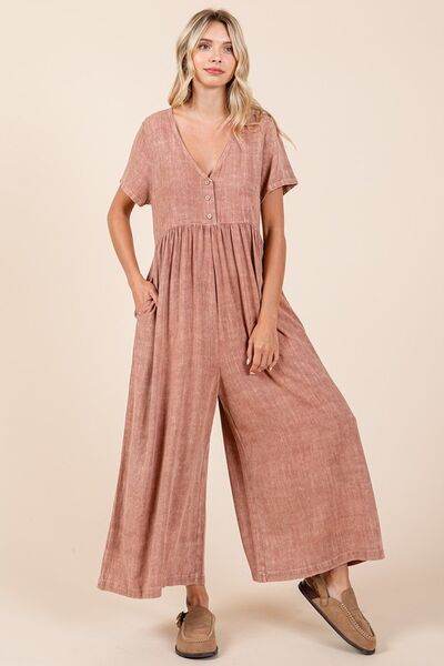 Mittoshop Mineral Wash Short Sleeve Flowy Wide Leg Jumpsuit - us.meeeshop