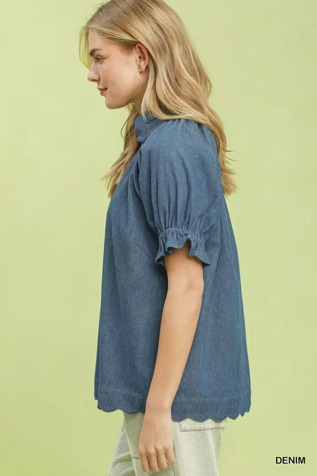 umgee chambray puff Umgee Chambray Puff Sleeve Scallop Hem Blouse view 2 (top) - shop at us.meeeshop