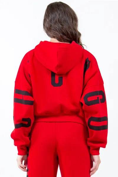 American Bazi Letter Graphic Long Sleeve Drawstring Cropped Hoodie - us.meeeshop