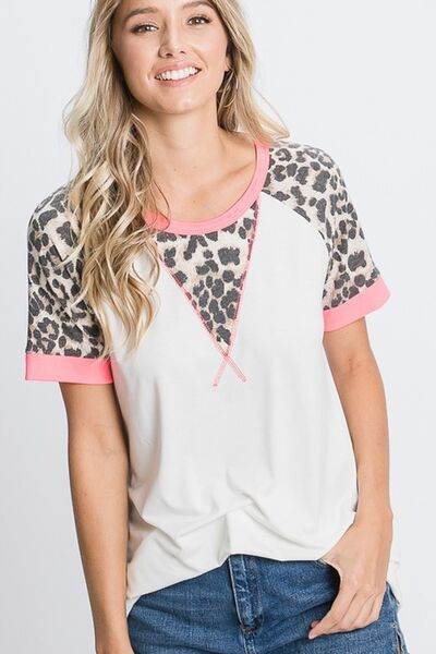 HeimishFull Size Leopard Round Neck Short Sleeve T-Shirt with Stitch Plus Size - us.meeeshop