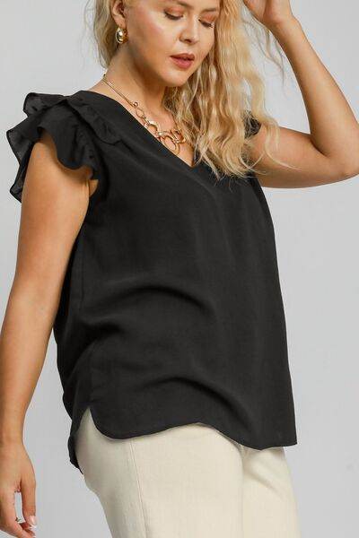 Umgee V-Neck Double Layered Ruffle Sleeve Blouse Plus Size - us.meeeshop