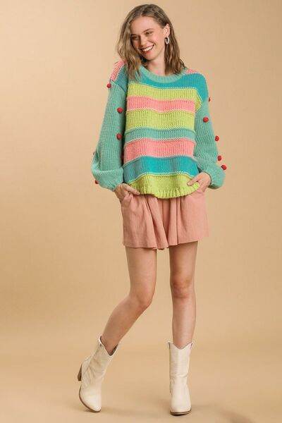 Umgee Color Block Cable Knit Sweater with Pom Pom Plus Size - us.meeeshop