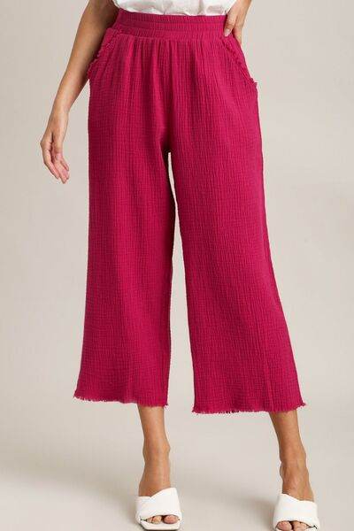 Umgee Raw Hem Elastic Waist Wide Leg Pants Plus Size - us.meeeshop