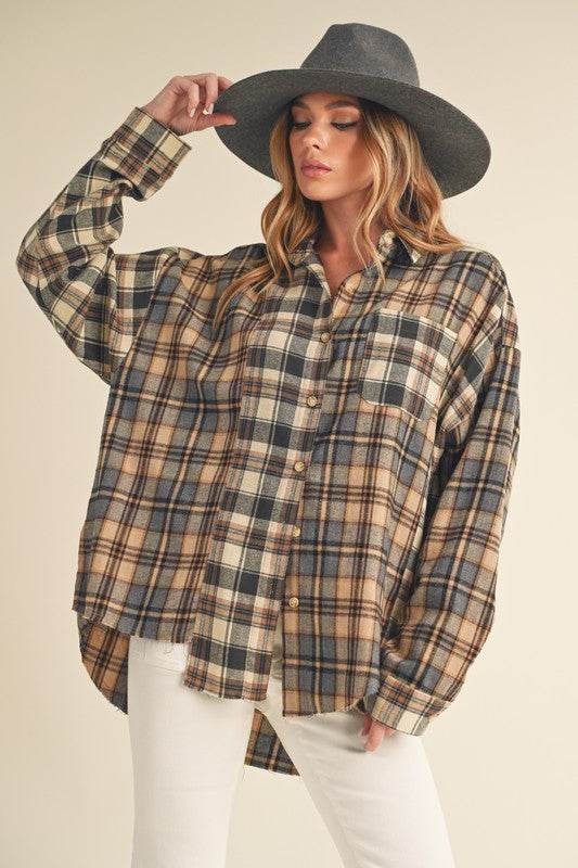 Aemi + Co Frayed Hem Plaid Button Up Flannel Shirt in Oatmeal - us.meeeshop