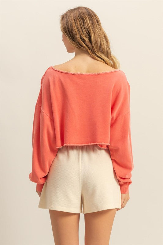 HYFVE Frayed Detail Boat Neck Long Sleeve Crop Top - us.meeeshop