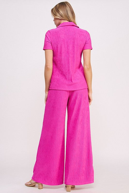 Textured Short Slv Button Down/wide Leg Pants Set (women's outfit sets) view 16 - shop at us.meeeshop