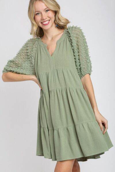 Umgee | Linen Tiered A-Line Split Neck Dress Plus Size - us.meeeshop