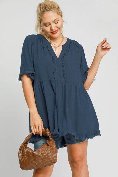 Umgee Raw Hem Notched Babydoll Linen Blouse Plus Size - us.meeeshop