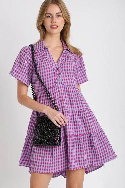 Umgee Gingham Tiered Button Detail Short Sleeve Dress Plus Size - us.meeeshop