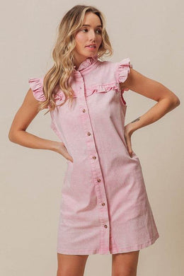 BiBi Washed Button Down Ruffled Cap Sleeve Denim Dress