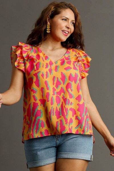 Umgee Abstract Print V-Neck Double Layer Ruffle Sleeve Blouse Plus Size - us.meeeshop