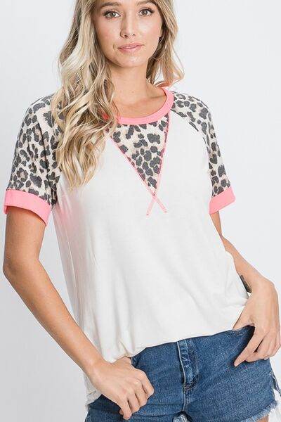 HeimishFull Size Leopard Round Neck Short Sleeve T-Shirt with Stitch Plus Size - us.meeeshop