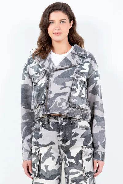 American Bazi Camouflage Zip Up Cropped Rider Jacket - us.meeeshop