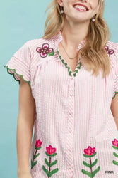 Umgee Embroidered Stripe Button Front Top