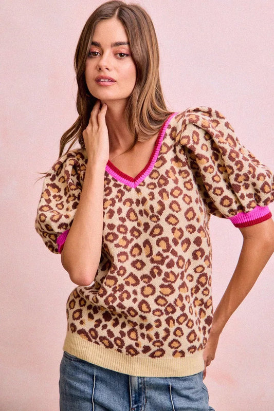 bibi leopard pattern Bibi Leopard Pattern Puff Sleeve V-neck Sweater Top view 2 (top) - shop at us.meeeshop