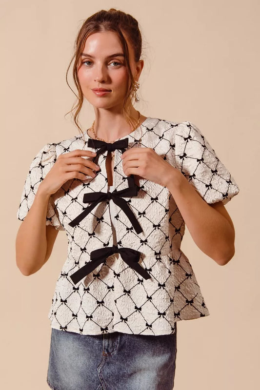 SO ME Bow Texture Woven Peplum Top with Contrast Tie (women's shirts & tops) view 2 - shop at us.meeeshop