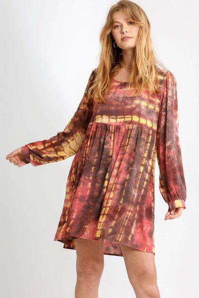 Umgee Tie Dye Long Sleeve Babydoll Dress with Keyhole Plus Size - us.meeeshop