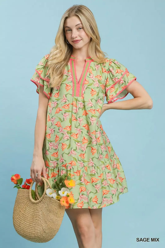 umgee floral flutter Umgee Floral Flutter Sleeve Tiered Dress SAGE MIX (dress) - shop at us.meeeshop