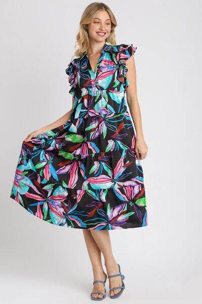 Umgee Leaf Print Double Layered Ruffle Sleeve Tiered Midi Dress Plus Size - us.meeeshop