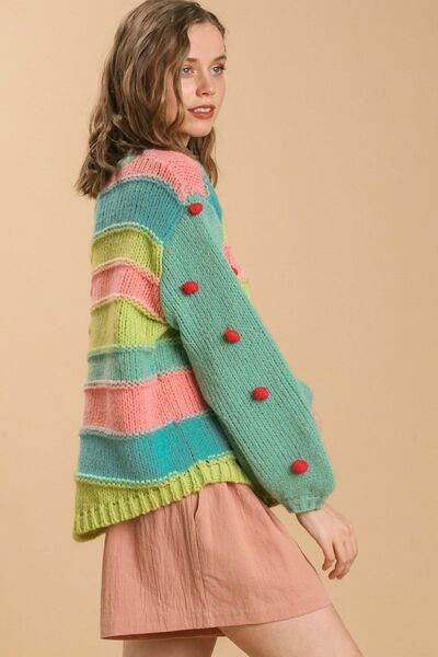 Umgee Color Block Cable Knit Sweater with Pom Pom Plus Size - us.meeeshop