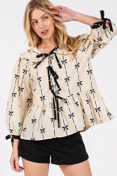 SAGE + FIG Bow Print Tie Front Babydoll Blouse - us.meeeshop