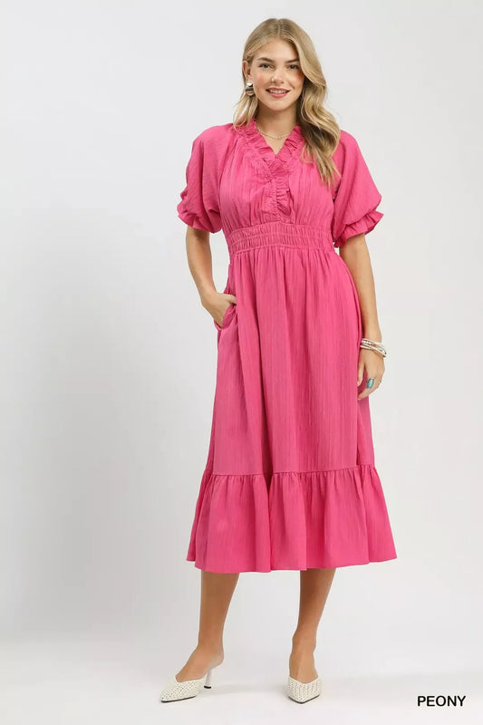Umgee Ruffle V-Neck Midi Dress (women's dresses) - shop at us.meeeshop