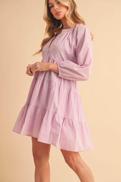 Aemi + Co Notched Balloon Sleeve Tiered Mini Dress - us.meeeshop