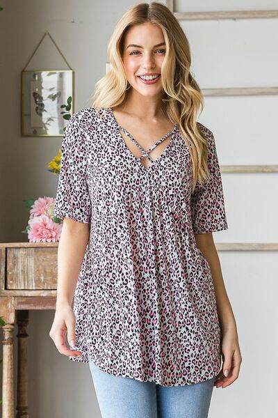 Heimish Full Size Short Sleeve Crisscross Animal Babydoll Top Plus Size - us.meeeshop