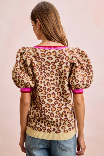 bibi leopard pattern Bibi Leopard Pattern Puff Sleeve V-neck Sweater Top view 6 (top) - shop at us.meeeshop