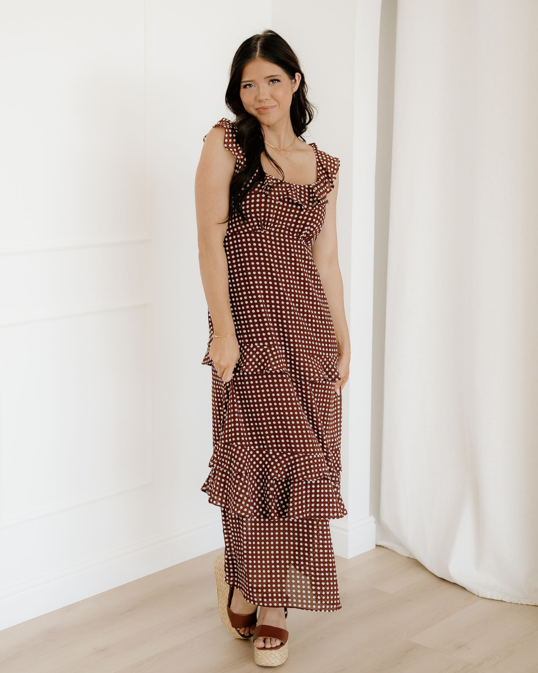 irene coffee polka Irene Coffee Polka Dot Print Backless Ruffled Tiered Maxi Dress view 2 (dress) - shop at us.meeeshop