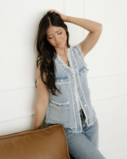 neriah frayed edge Neriah Frayed Edge Flap Pockets Denim Vest Jacket view 4 (layer) - shop at us.meeeshop
