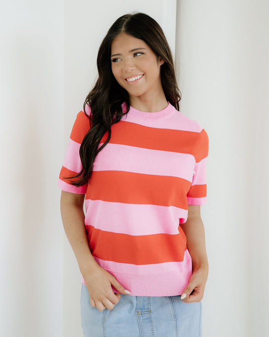 striped knitted sweater Striped Knitted Sweater Tee - Pink Bright Pink (top) - shop at us.meeeshop