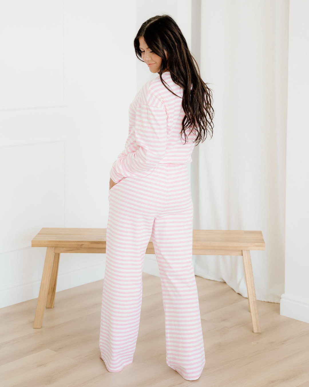 thea stripe drop Thea Stripe Drop Shoulder Round Neck Top and Buttoned Straight Pants Two Piece Set view 7 (top) - shop at us