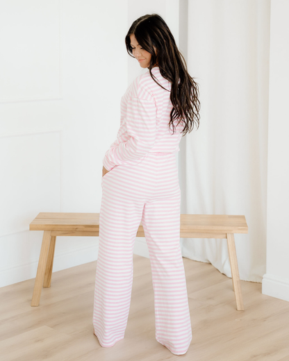 thea stripe drop Thea Stripe Drop Shoulder Round Neck Top and Buttoned Straight Pants Two Piece Set view 7 (top) - shop at us
