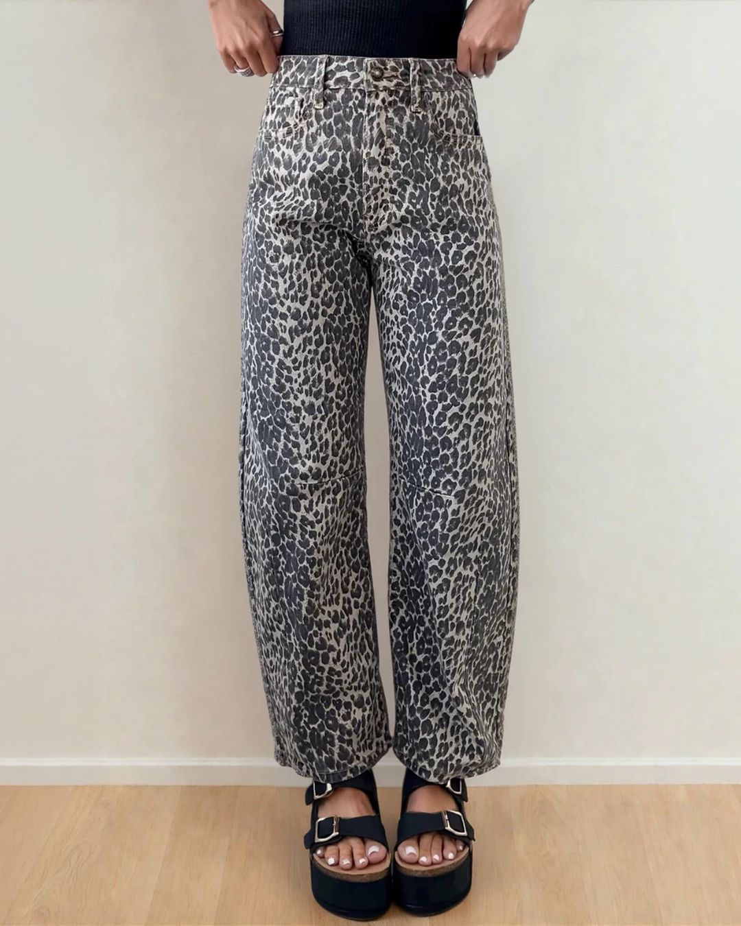 naeve leopard print Naeve Leopard Print High Waist Barrel Jeans Black (bottom) - shop at us.meeeshop