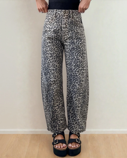 naeve leopard print Naeve Leopard Print High Waist Barrel Jeans Black (bottom) - shop at us.meeeshop