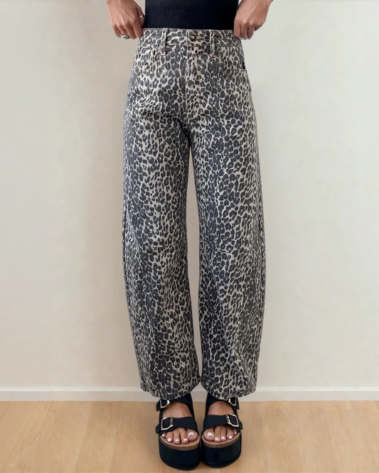 naeve leopard print Naeve Leopard Print High Waist Barrel Jeans Black (bottom) - shop at us.meeeshop