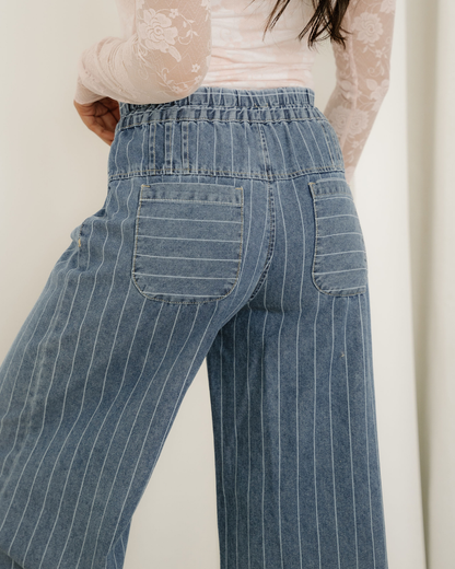 cora stripe button Cora Stripe Button Pleated Drawstring Waist Casual Wide Leg Jeans view 9 (bottom) - shop at us.meeeshop