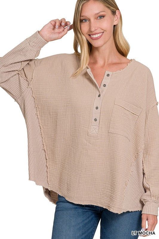 ZENANA | Double Gauze Oversized 3/4 Button Henley Neck Top - us.meeeshop