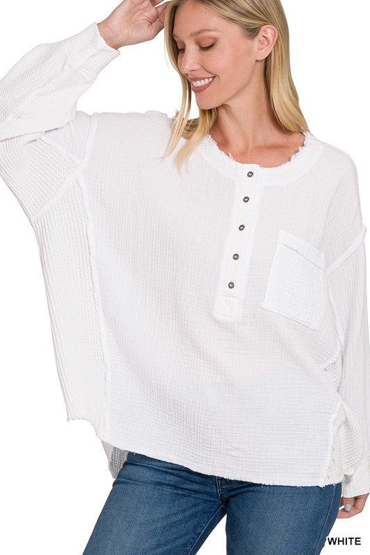 ZENANA | Double Gauze Oversized 3/4 Button Henley Neck Top - us.meeeshop