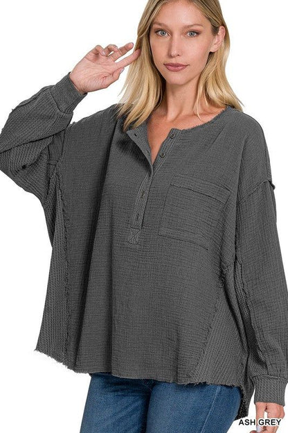 ZENANA | Double Gauze Oversized 3/4 Button Henley Neck Top - us.meeeshop