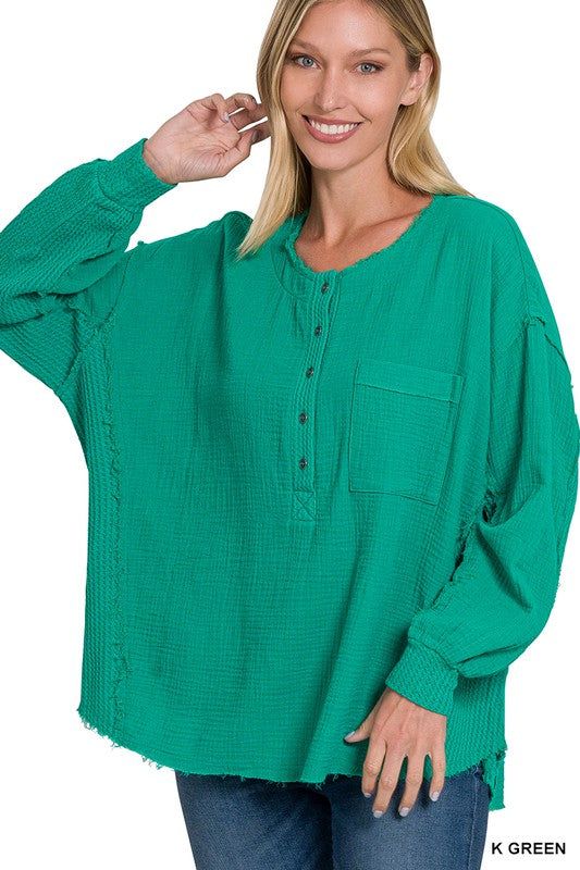 ZENANA | Double Gauze Oversized 3/4 Button Henley Neck Top - us.meeeshop