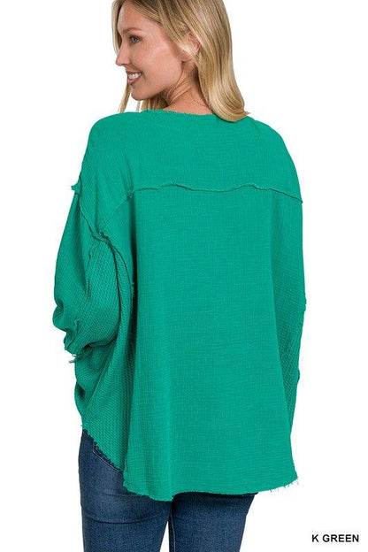 ZENANA | Double Gauze Oversized 3/4 Button Henley Neck Top - us.meeeshop