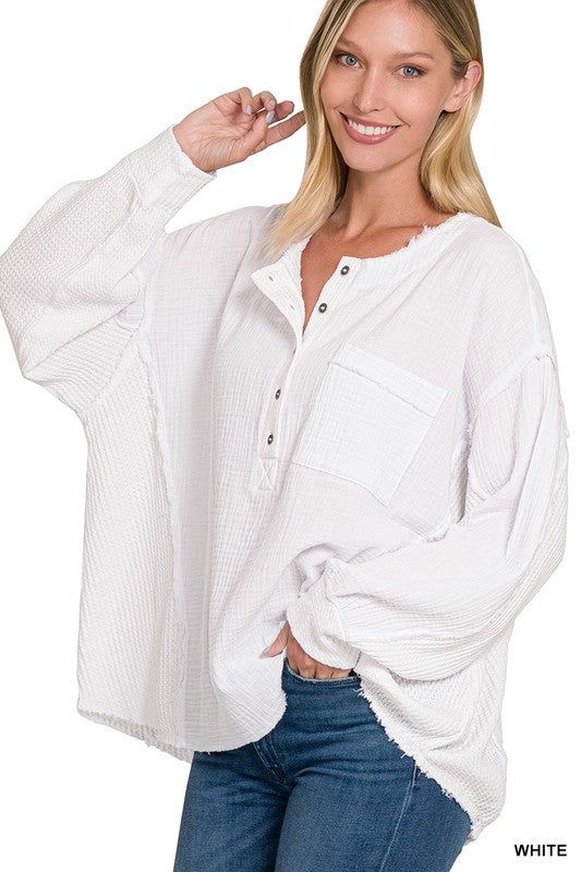 ZENANA | Double Gauze Oversized 3/4 Button Henley Neck Top - us.meeeshop