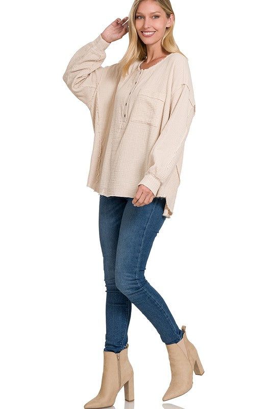 ZENANA | Double Gauze Oversized 3/4 Button Henley Neck Top - us.meeeshop