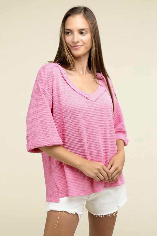 ZENANA Brushed Waffle Exposed-Seam 3/4 Sleeve Top - us.meeeshop