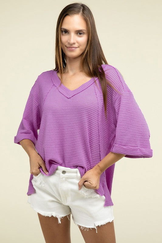 ZENANA Brushed Waffle Exposed-Seam 3/4 Sleeve Top - us.meeeshop