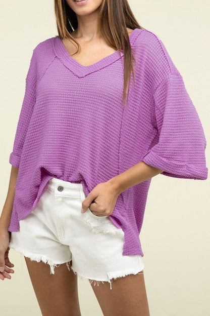 ZENANA Brushed Waffle Exposed-Seam 3/4 Sleeve Top - us.meeeshop