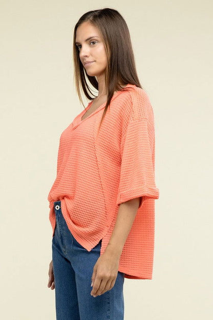 ZENANA Brushed Waffle Exposed-Seam 3/4 Sleeve Top - us.meeeshop